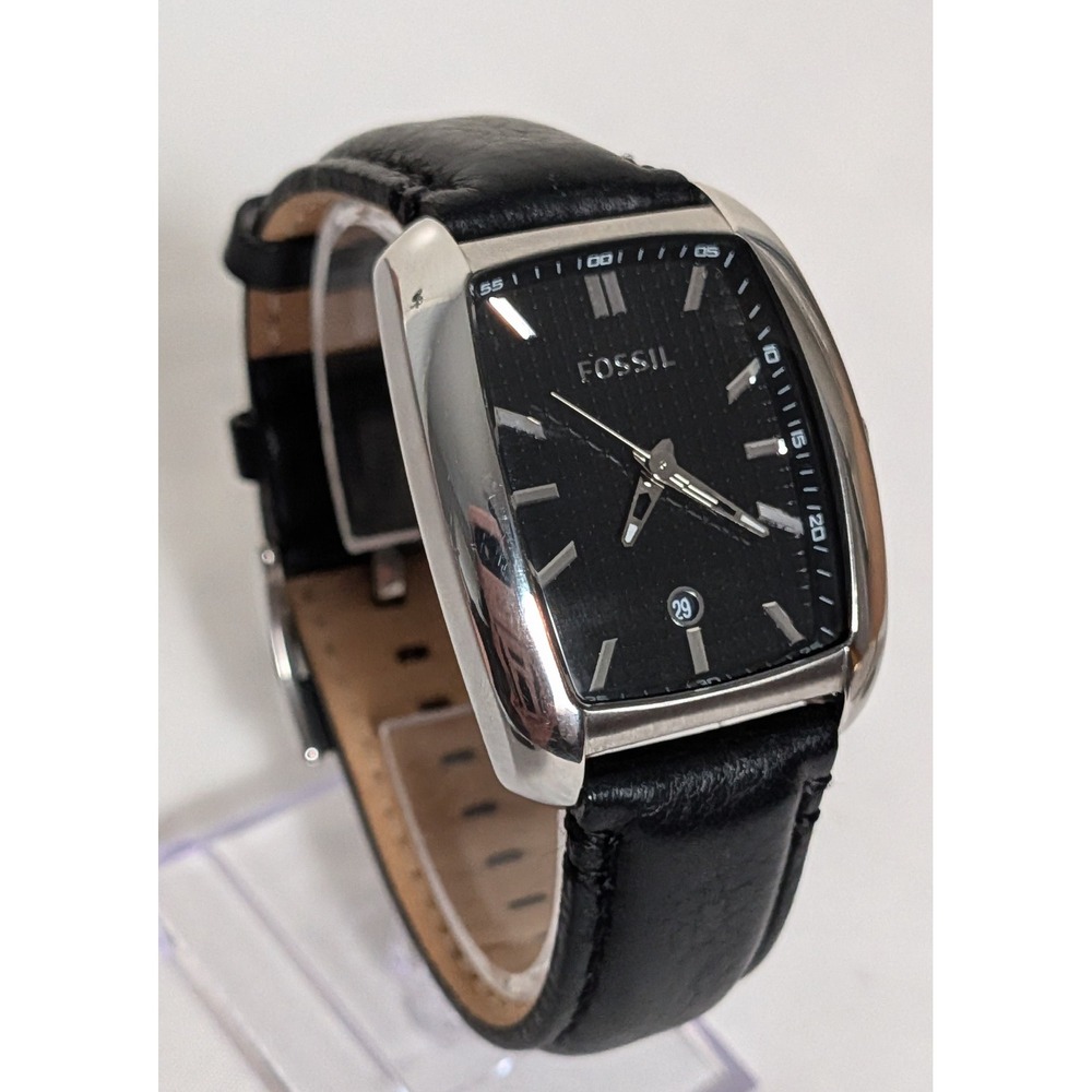 Fossil‎ Watch Black Leather Strap Tonneau Stainless Steel Date Men's